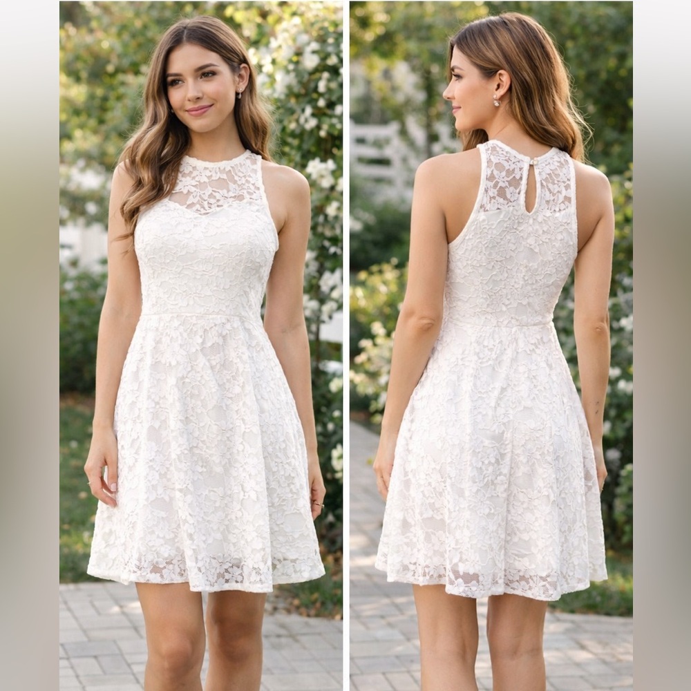 Monteau White Lace Fit & Flare Racerback Sleeveless Summer Dress Wedding S/M 4/6